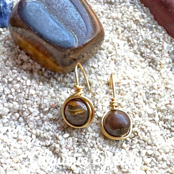 Tigers eye gold drops earrings dangle luxury - Picture 1 of 2